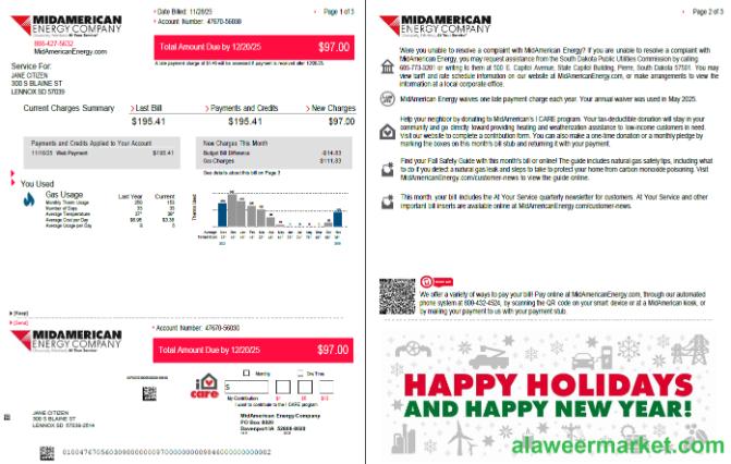 USA MidAmerican Energy Company utility bill template in Word and PDF formats, 3 pages, 1-2 pages